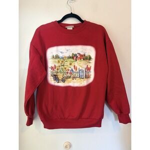 Vintage Basic Editions Sweatshirt Medium Red Cottage Farm Scene Graphic Crewneck